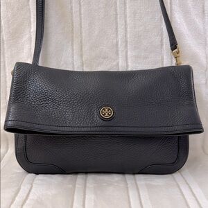 Tory Burch Black Pebbled Leather Flap Shoulder Crossbody Bag